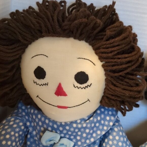 Raggedy Ann & Andy Handmade Yarn Hair Dolls 20" Blue Outfits Embroidered Faces - Picture 3 of 13